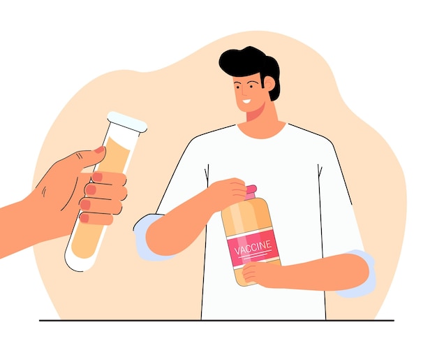 Cartoon doctor holding jar with vaccine label