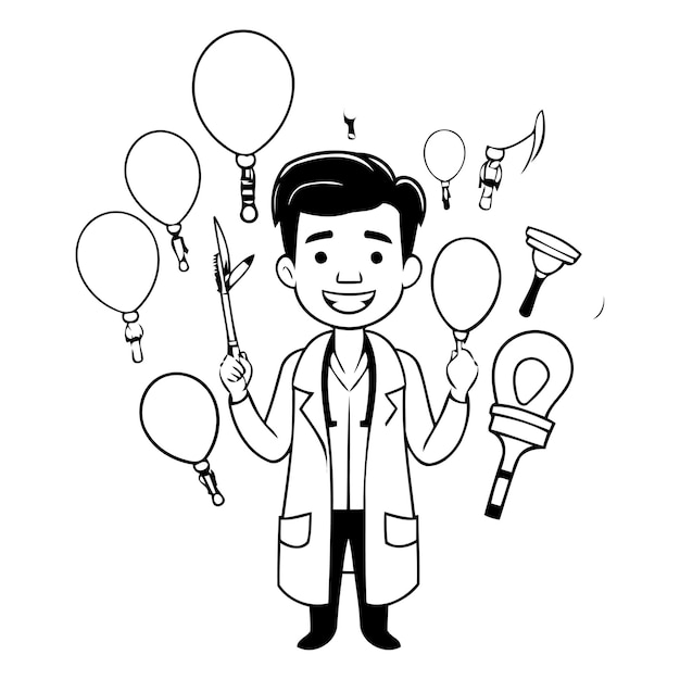 cartoon doctor holding a scalpel and balloons over white background vector illustration