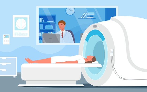 벡터 병원 벡터에서 여자 mri 진단의 진단 결과를 보고 있는 만화 의사 남자 캐릭터