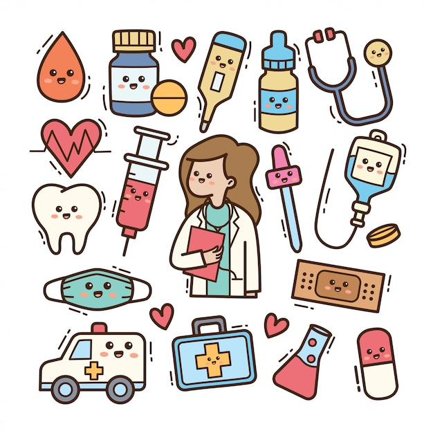 Cartoon doctor with medical equipment kawaii doodle illustration