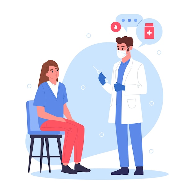 Cartoon doctor with patient Doctor advising and diagnosing patient medical worker and female patient flat vector illustration Hospital professional worker with patient