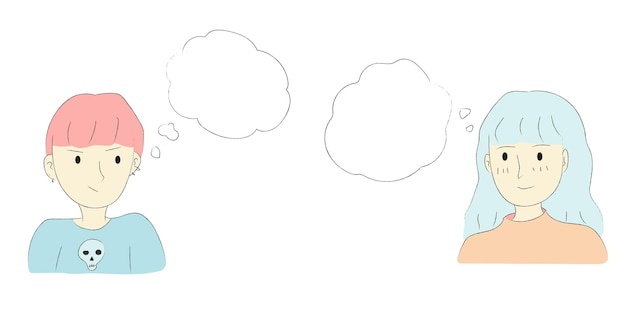 Cartoon doddle avatar di giovane ragazzo e ragazza pensando scatola nuvola