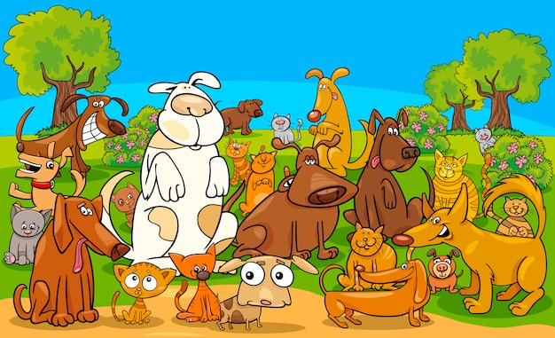 Cartoon dog and cats comic characters group