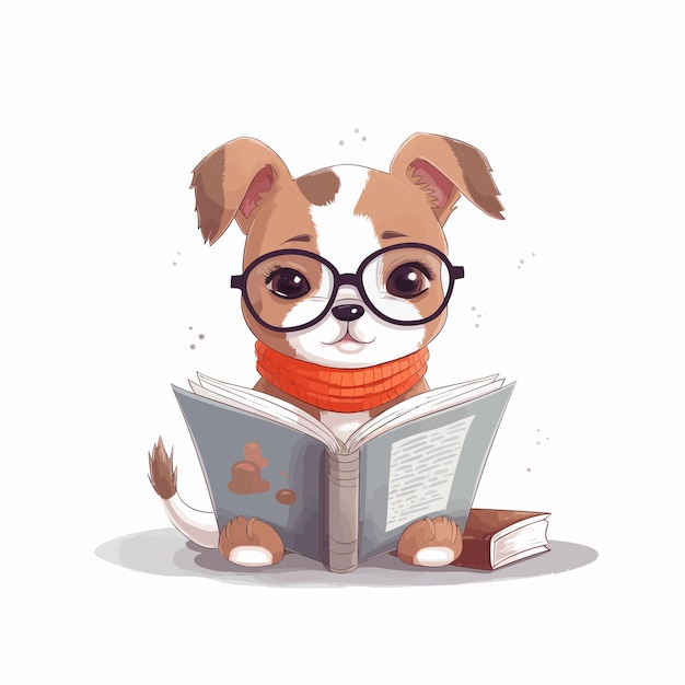 Vector cartoon dog character reading book
