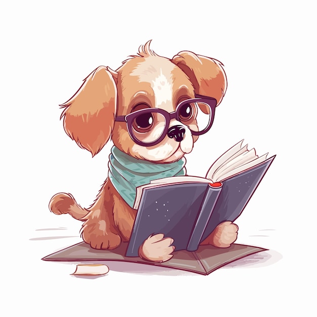 Vector cartoon dog character reading book