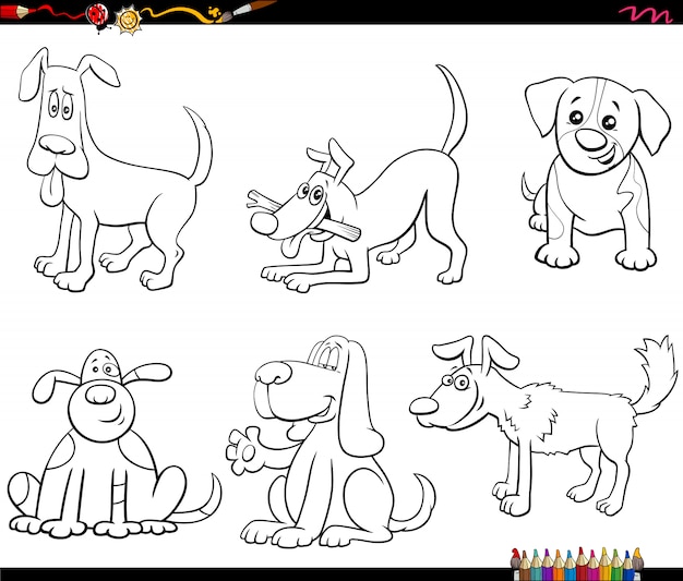 Cartoon dog characters set color book page