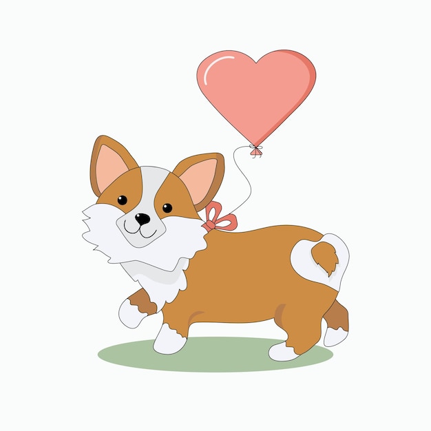 Cartoon Dog corgi with a  balloon Cheerful puppy and a balloon in the shape of a heart Vector illustration with animals Isolated backgroundx9