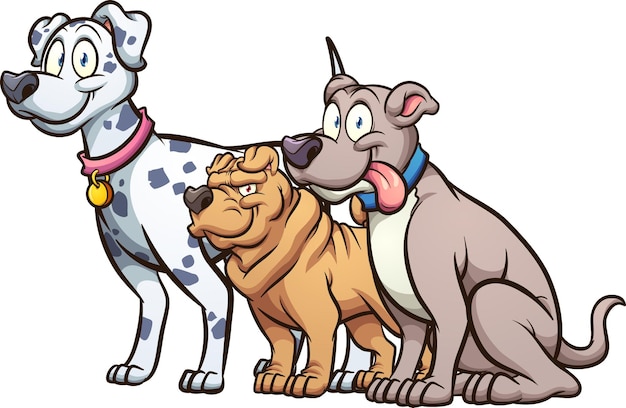 Cartoon dog of different breeds and sizes.