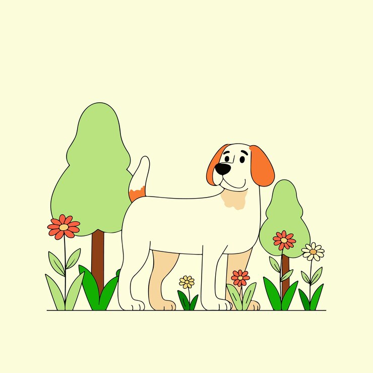 Vector cartoon dog in a garden