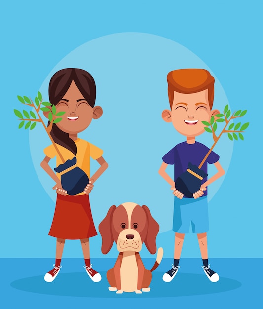 Vettore cane del fumetto e ragazza e ragazzo con le piante, progettazione variopinta