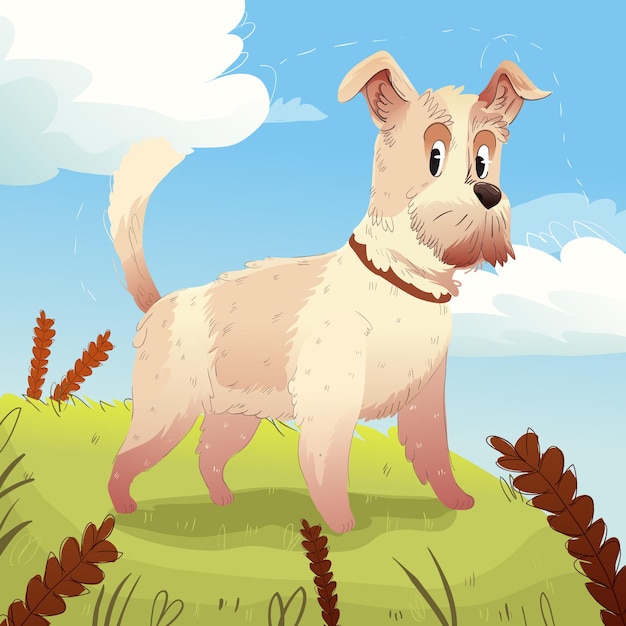 A cartoon dog is standing on a grassy hill with a blue sky in the background.