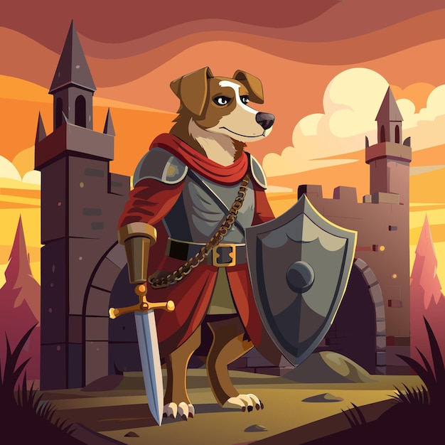 Vector cartoon dog knight guarding medieval castle generative ai