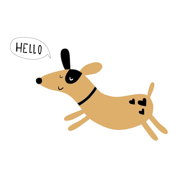 Cartoon dog and lettering Hello Vector childrens illustration isolated on a white background