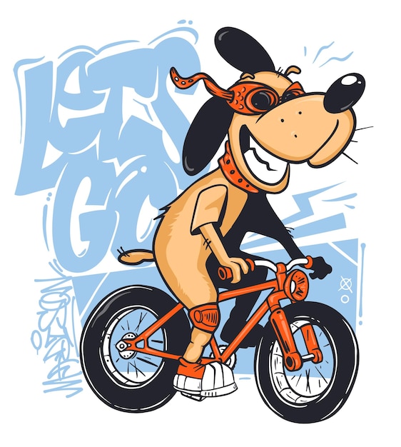 Cane dei cartoni animati che cavalca una bicicletta vettore t-shirt design