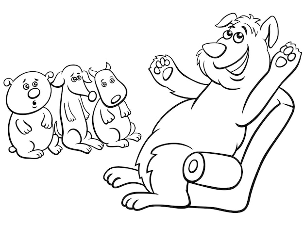 Cartoon dog telling a story to puppies coloring page