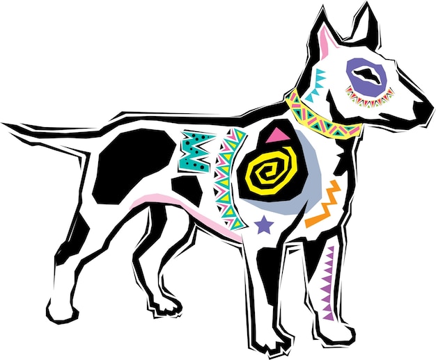 a cartoon dog with colorful facial features in the style of aztec art