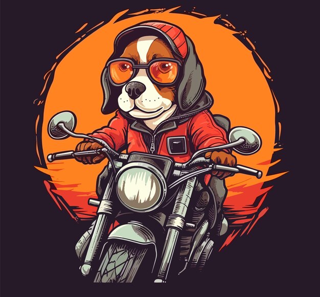 A cartoon dog with a helmet and goggles on a motorcycle