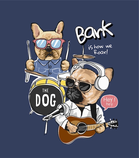 Cartoon dog with music instruments illustration