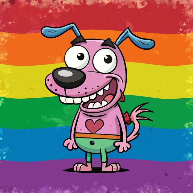 a cartoon dog with a rainbow colored background with a rainbow in the background