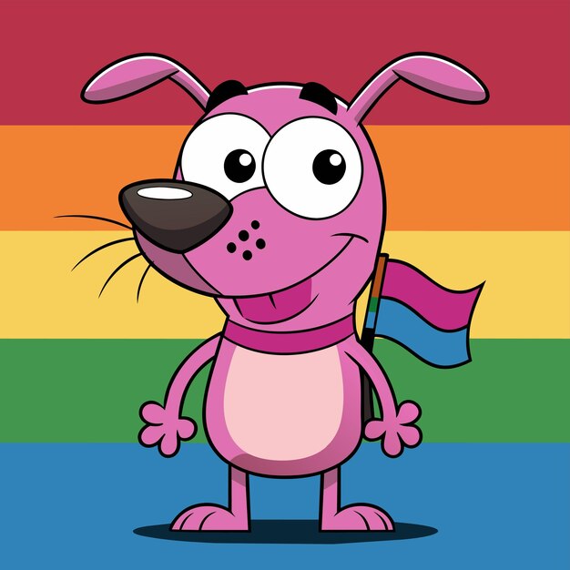 Un cane di cartone animato con una camicia color arcobaleno in fondo