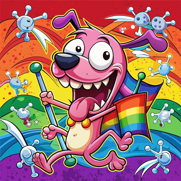 A cartoon dog with a rainbow on it and a rainbow in the background