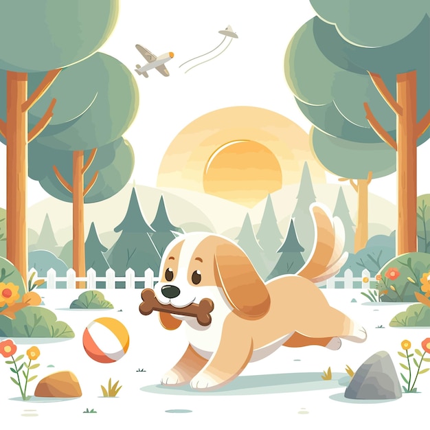 Vector a cartoon dog with a toy in his mouth is playing with an airplane