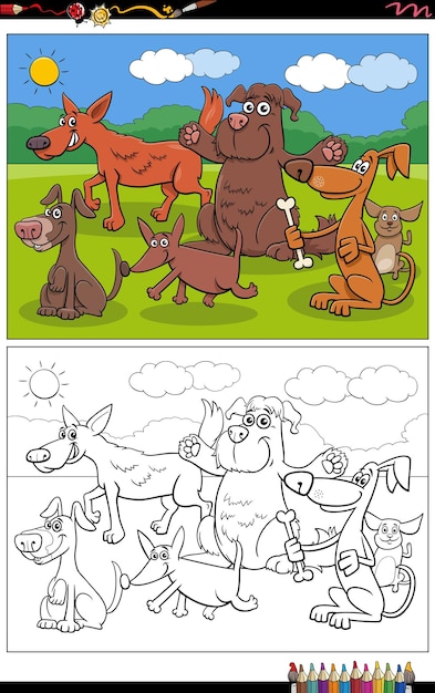 Cartoon dogs animal characters group coloring page