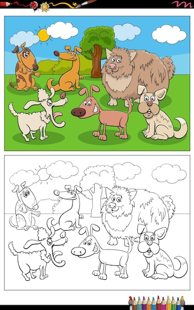 Cartoon dogs animal characters in the park coloring page