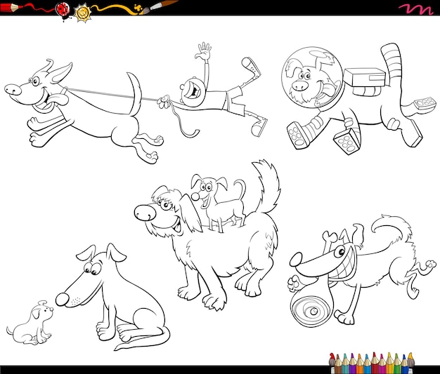 漫画の犬の動物のキャラクターは、塗り絵のページを設定します