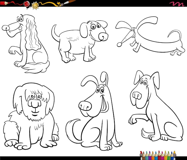 Vector cartoon dogs animal characters set coloring page