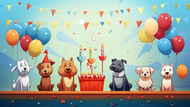 Vettore un cartone animato di cani e una torta di compleanno con palloncini e una torte di compleanno