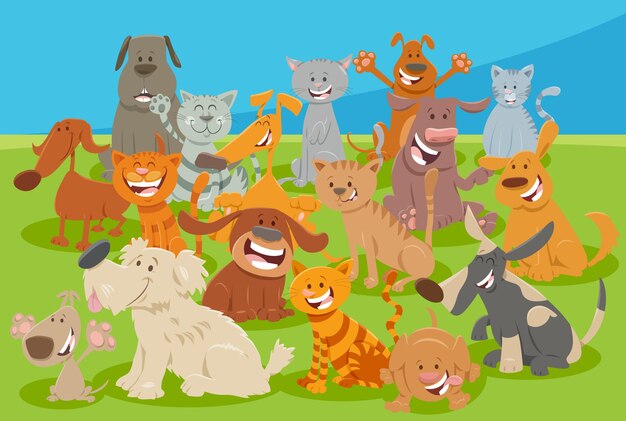 Vector cartoon dogs and cats comic animal characters group