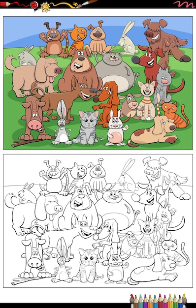 cartoon dogs and cats and rabbits characters coloring book page