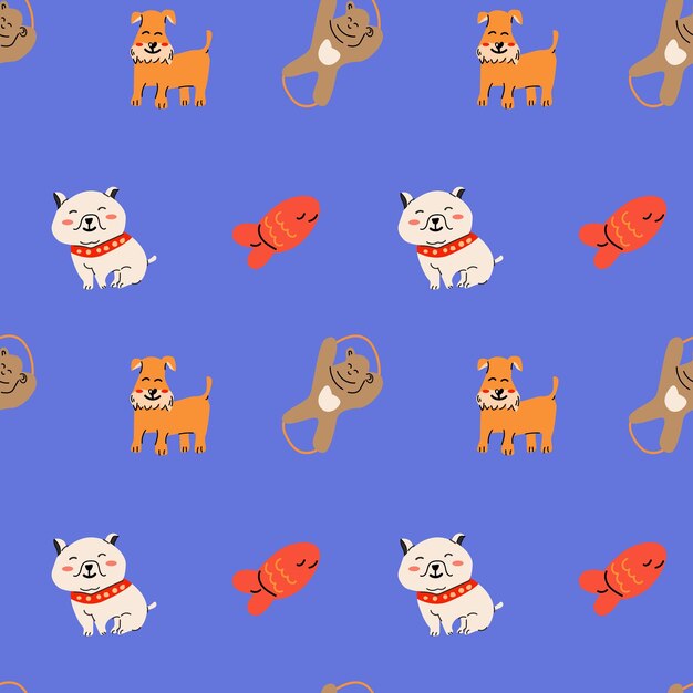 Vector cartoon dogs and equipment supplies for pets and puppy seamless pattern