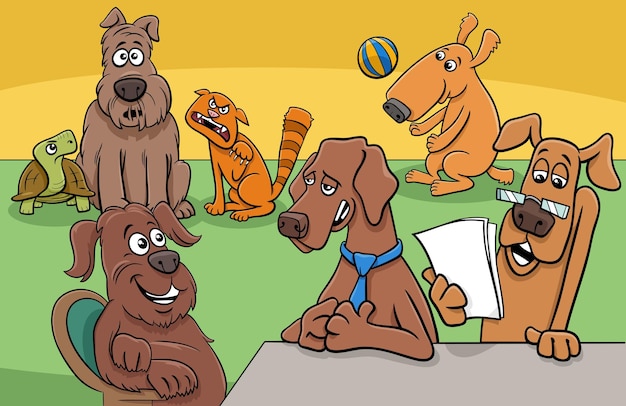 Vettore gruppo di personaggi comici di cani e animali domestici dei cartoni animati