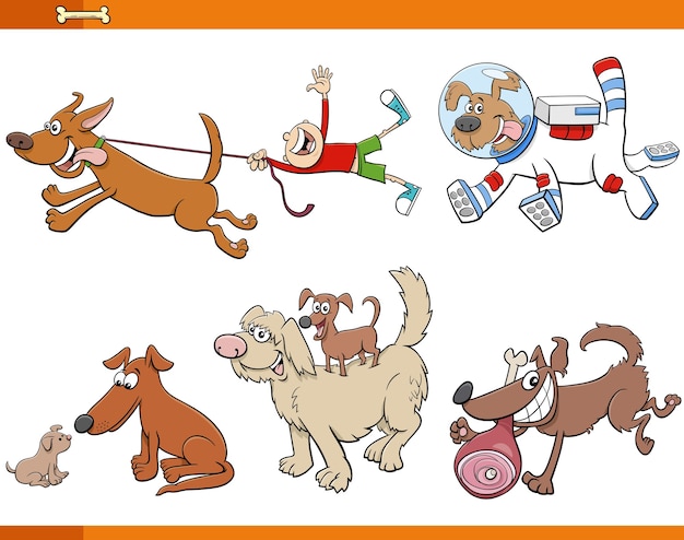 Cartoon dogs and puppies animal characters set