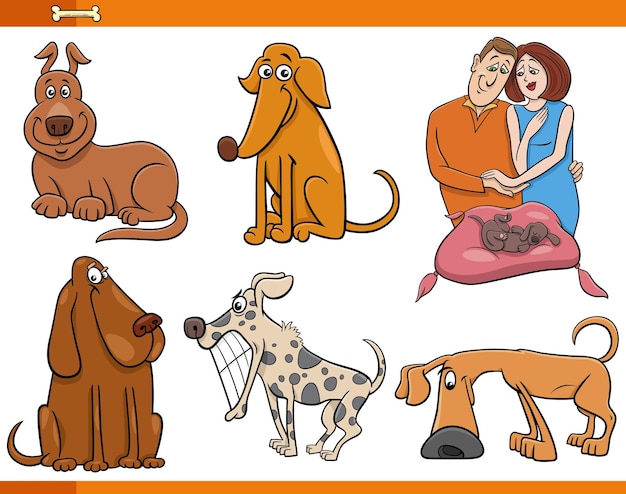 Cartoon dogs and puppies animal characters set