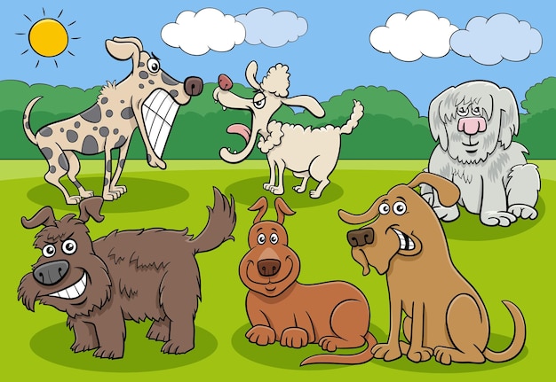 Gruppo di personaggi divertenti di cani e cuccioli del fumetto