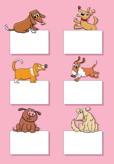 Cartoon dogs and puppies with cards design set