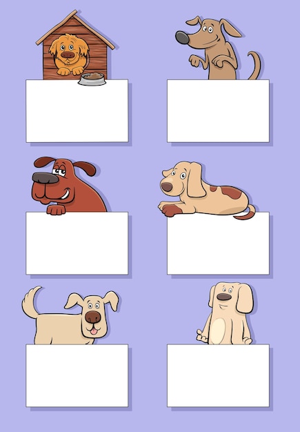 Cartoon dogs and puppies with cards design set