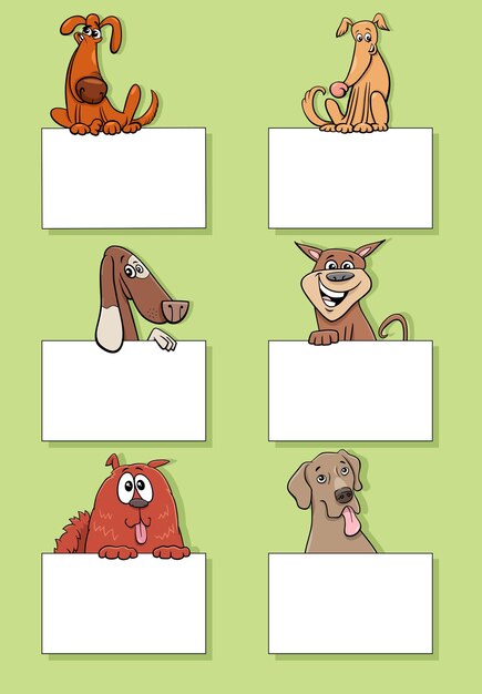 Cartoon dogs and puppies with cards design set