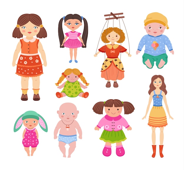 Vector cartoon dolls beautiful girl toy in dress child baby and cute puppet doll isolated vector illustration set