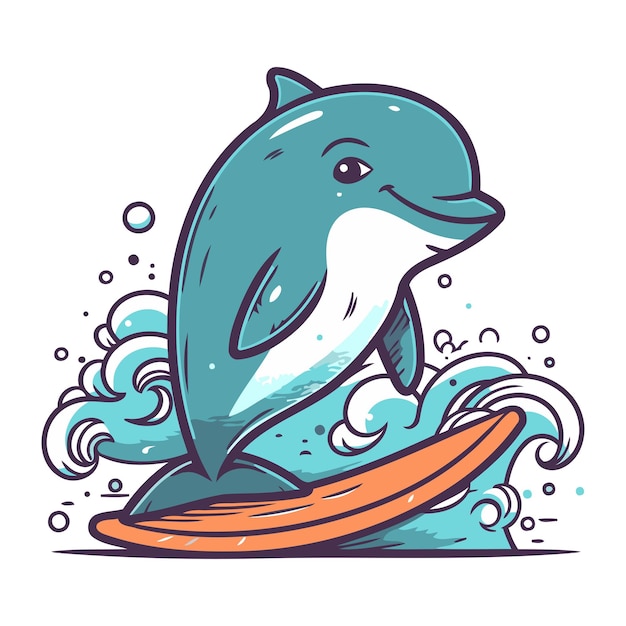 Vector cartoon dolphin vector illustration of a dolphin with surfboard