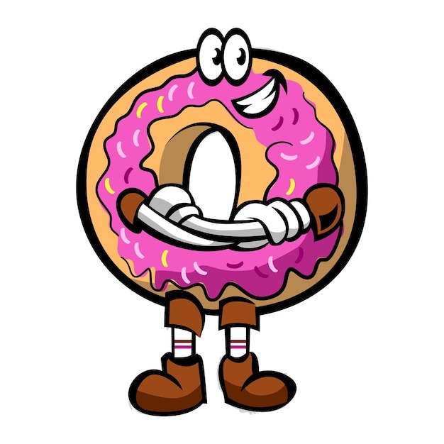 A cartoon donut with a pink glaze and a smile on his face.