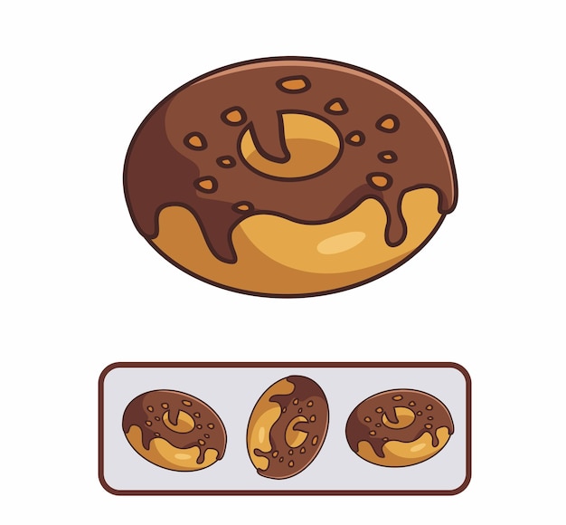 Cartoon donuts instellen chocoladesmaak met topping noten Eten en drinken Cartoon vlakke stijl pictogram illustratie Premium Vector Logo