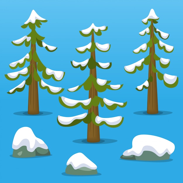 Vector cartoon doodle abstract mountaion pine tree snow