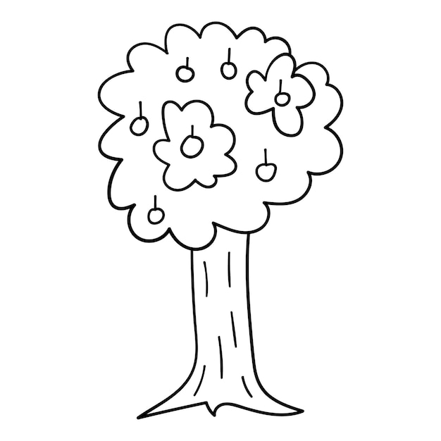 Cartoon doodle apple tree isolated on white background.