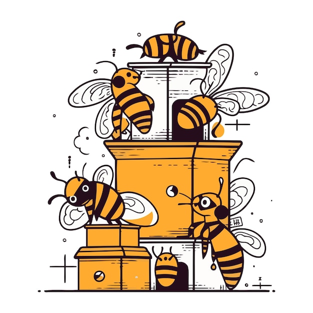 Вектор Картинный рисунок пчелиного дома с пчелами векторная иллюстрация