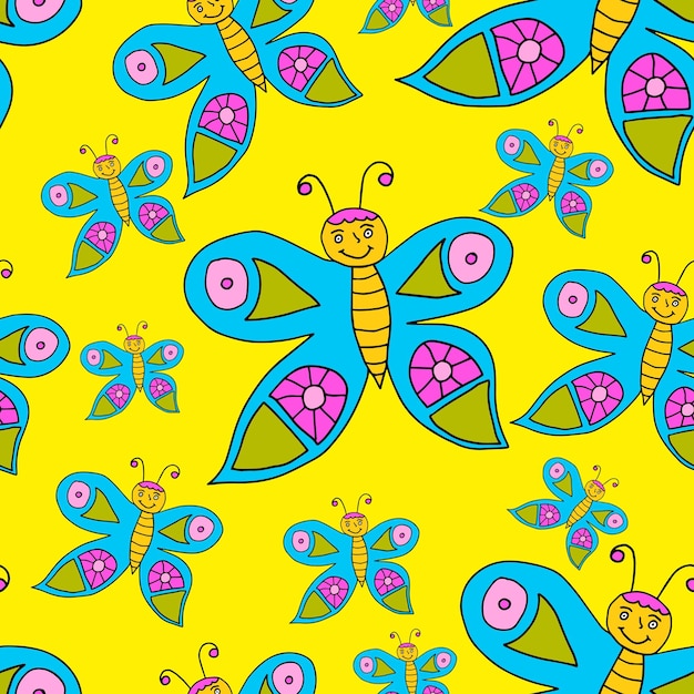 Cartoon doodle butterfly seamless pattern happy summer insect background