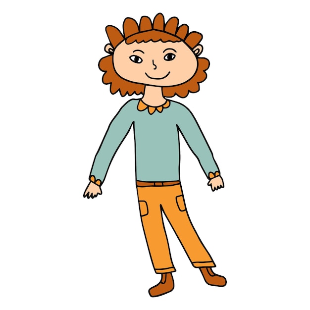 Cartoon doodle curly hair girl standing isolated on white background.